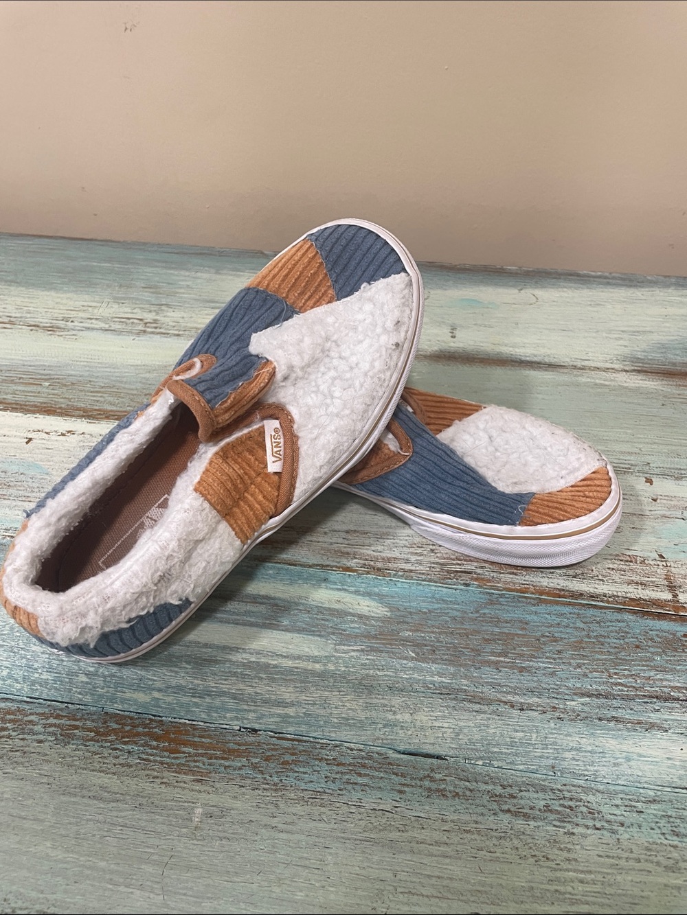 Vans Slip-On Corduroy Sherpa Patchwork Classic Preppy SZ 1